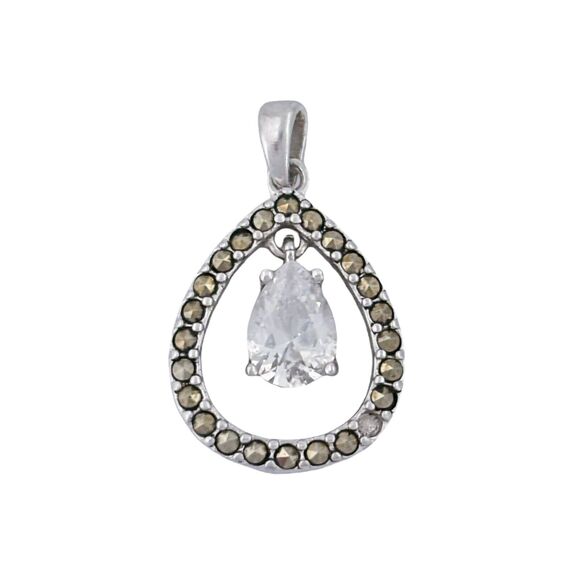 Vintage SU Sterling Silver Cubic Zirconia Marcasite Teardrop Pendant - Picture 2 of 7